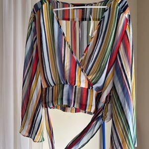 New York & Company Multicolor Striped Wrap Blouse